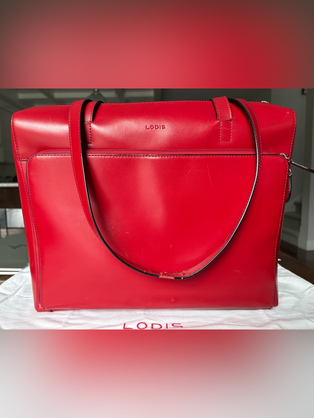 LODIS Red Leather Laptop Tote Bag - Significant Wear on One Strap / Priced Low - Picture 2 of 9